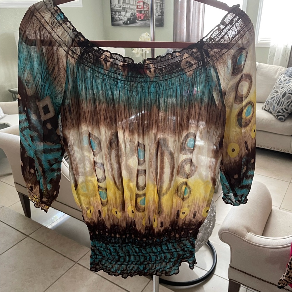 Blue,brown,yellow sheer blouse